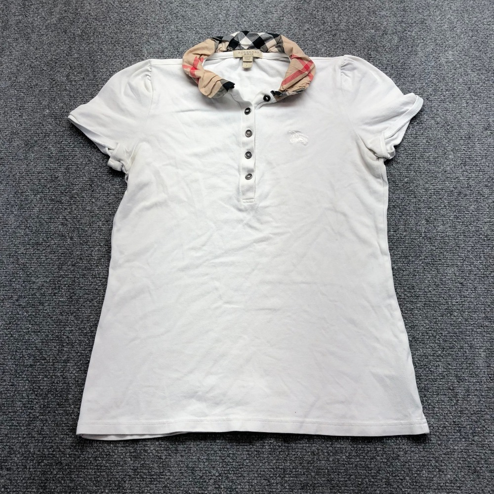 Burberry Brit Womens White Polo Shirt Nova Check Ruffle Collar Size S P